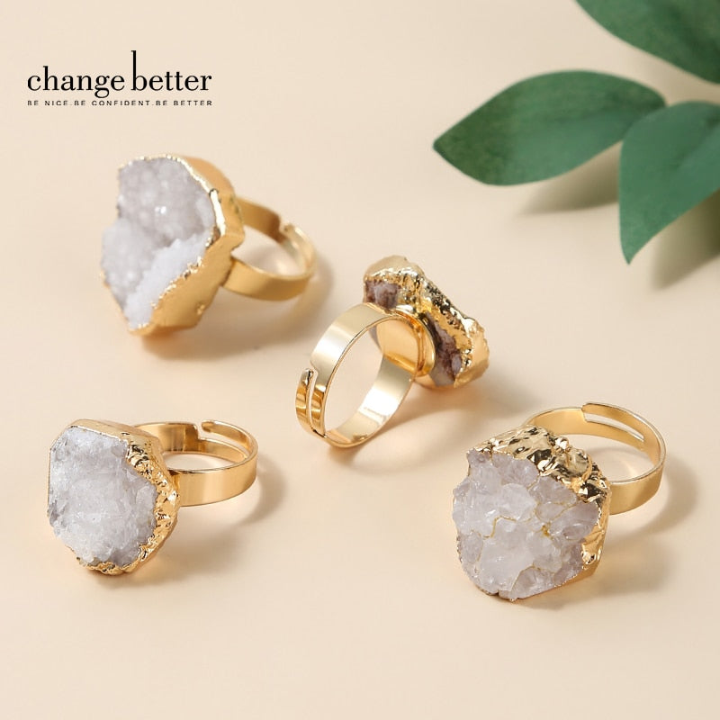 Change Better Irregular Natural White Quartz Cluster Gold Plating Rings Women Geometric Crystal Stone Adjustable Finger Ring