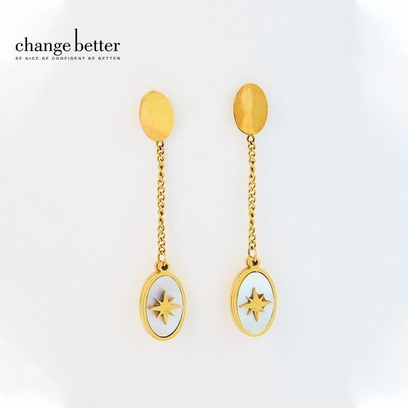 CHANGE BETTER Korean Retro Natural White Shell Eight Awn Star Drop Earring Women Gold Color Temperament Clavicle Chain Necklace