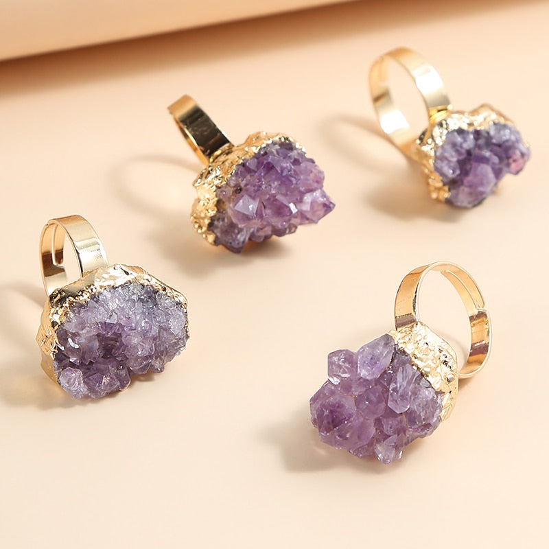 Change Better Irregular Natural Amethyst Cluster Rough Stone Gold Plating Open Rings Women Reiki Healing Adjustable Party Gifts