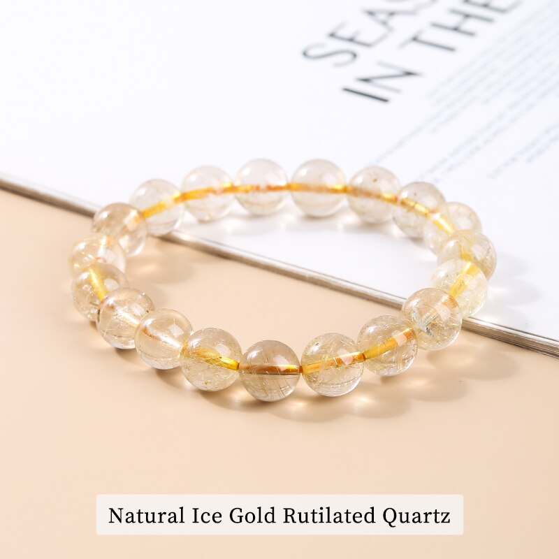 JD Natural Ice Gold Color Rutilated Quartz Bead Bracelet Women Fashion Reiki Healing Crystal Clear Bead Strand Bangles Gifts