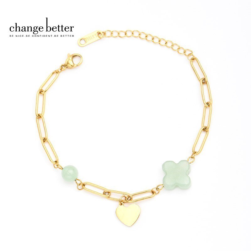 CHANGE BETTER Natural Stone Lucky Four-Leaf Clover Chain Bracelet Women Green Aventurine Turquoises Gems Titanium steel Bangles