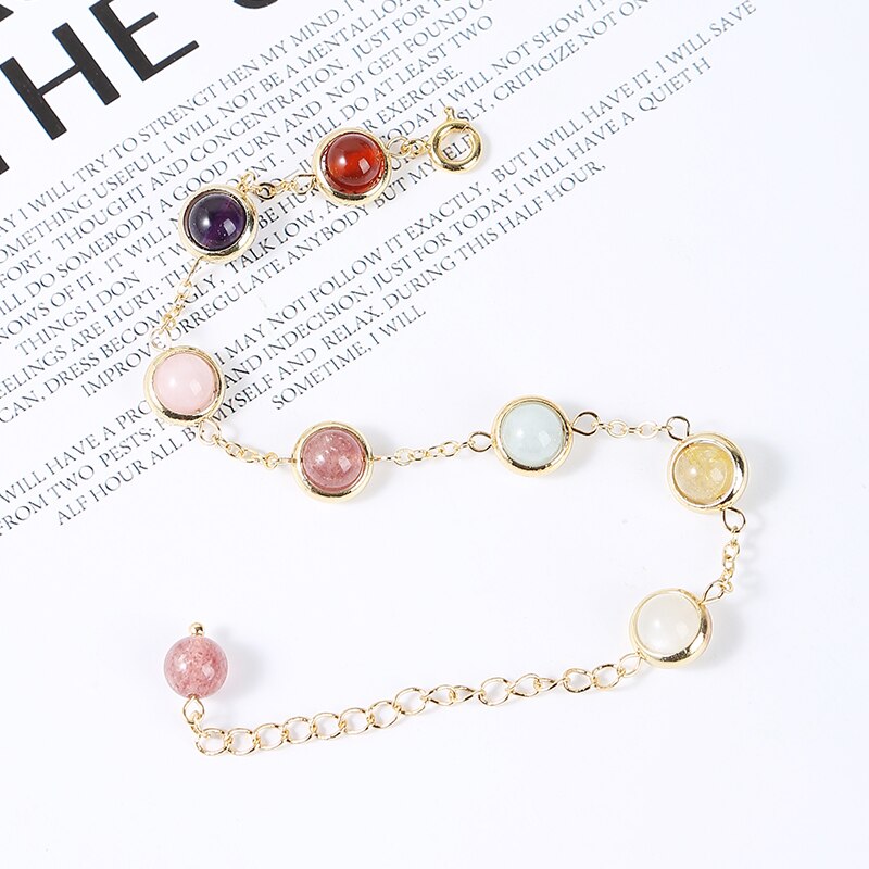 JD Natural Crystal Bead Chain Bracelets Women Elegant 6mm Round Colorful Bead Strawberry Quartz Amethyst Sweet Healing Bangles