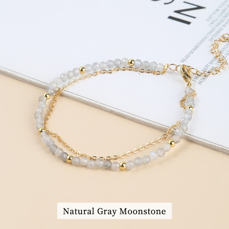 JD 3mm Natural Faceted Rhodochrosite Agate Double Layer Bracelet Women Gold Color Chain Semi-Precious Jewelry Thin Bangles Gifts