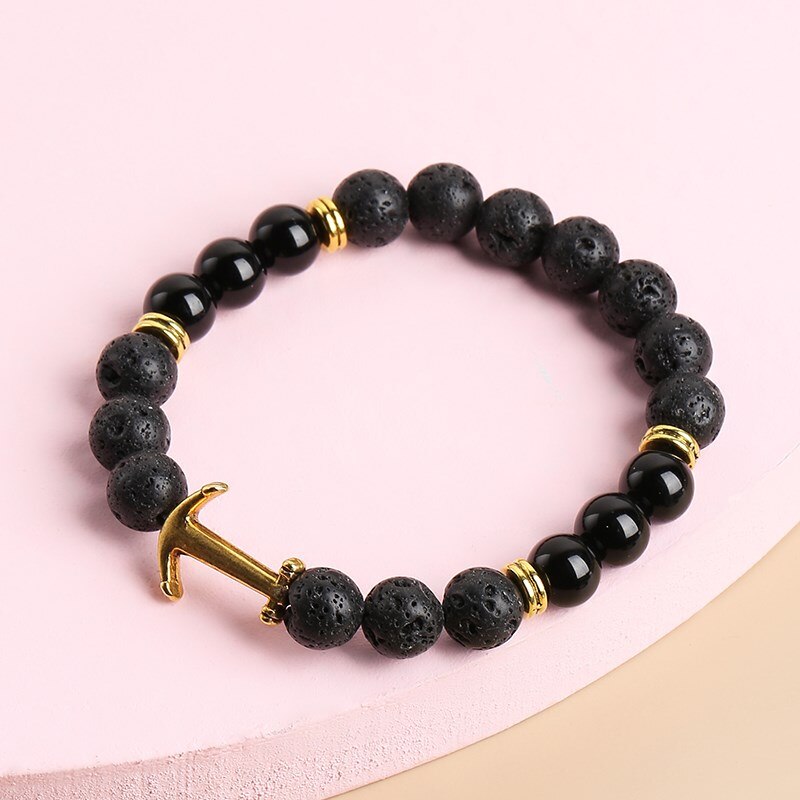 JD Natural Volcanic Stone Gold Color Anchor Bead Bracelets Men Women Round Lava Stone Elastic Strand Bangles Lucky Wrist Jewelry