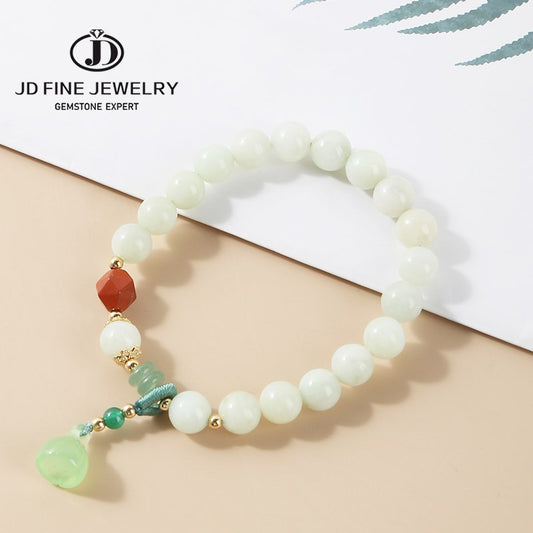 JD Natural 8mm Mountain Jade Lotus Charm Bracelets Women High Quality Chalcedony Stone Rope Bangles Girls Summer Wristband Gifts