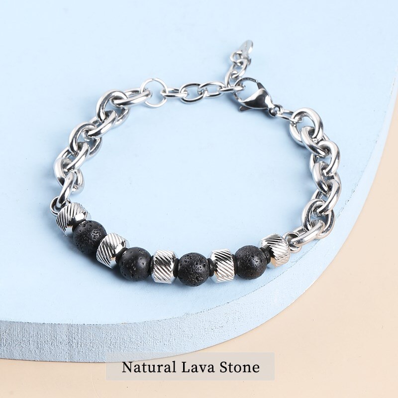 CHANGE BETTER Natural Tiger Eye Lava stone Bead Chain Bracelet Men Stainless Steel Cuban Chain Adjustable Bangles Jewelry Gifts