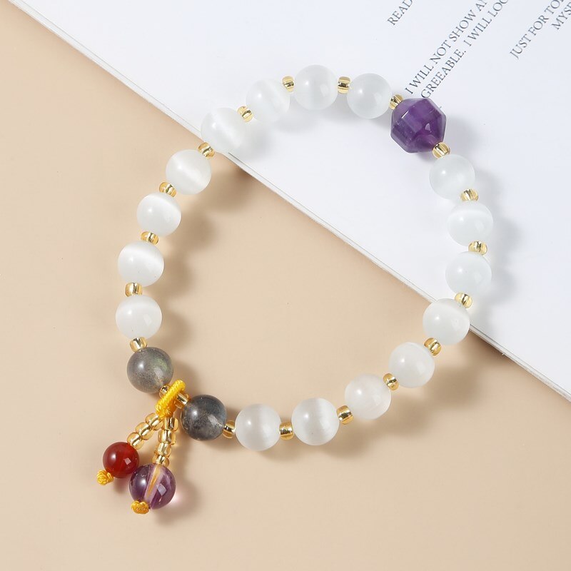 JD Cute Cat Eyes Amethysts Charm Lucky Bracelet Women Natural Opal Round Beads Stone Agate Bangles Handmade Jewelry Girl Gifts