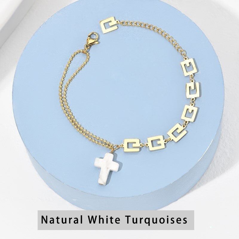 CHANGE BETTER Natural Stone Cross Shape Gold Color Bracelets For Women Small Pendant Charms Stainless Steel Chain Wrist Jewelry