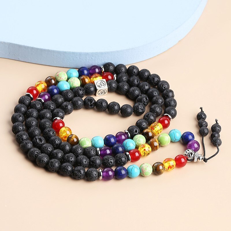 JD New Fashion Bohemian Lava Stone 7 Chakra Multi-Layer Bracelet Spiritual Men Rosary Prayer Tiger Eyes Beaded Yoga Bangles Gift