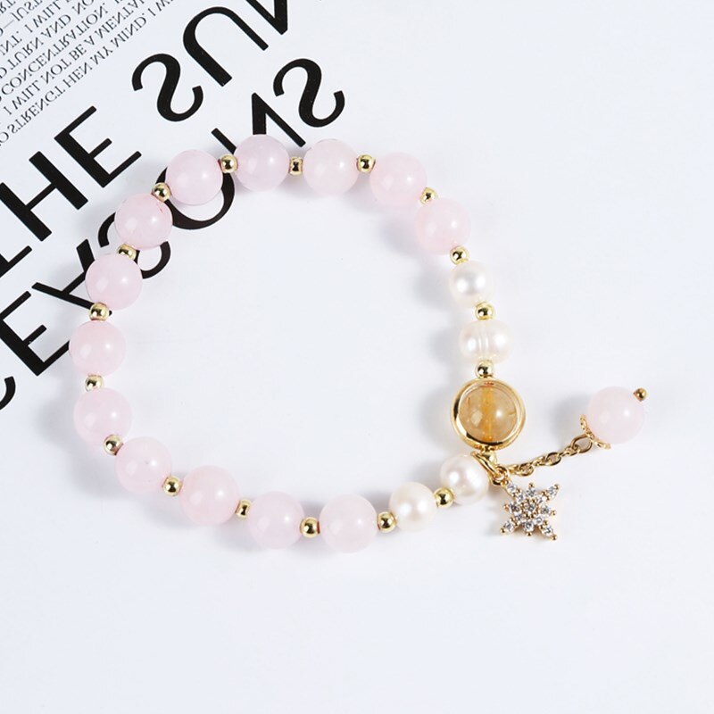 JD Natural Pink Quartz Pearl Lucky Beads Bracelet Women Sweet Luxury Zircon Pendant Bracelets Girlfriend Summer Jewelry Gifts