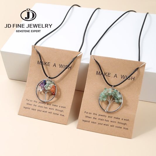 JD 7 Chakra Quartz Natural Gavel Stone Tree of Life Pendulum Pendant Necklace for Women Bohe Healing Crystal Reiki Jewelry Gift