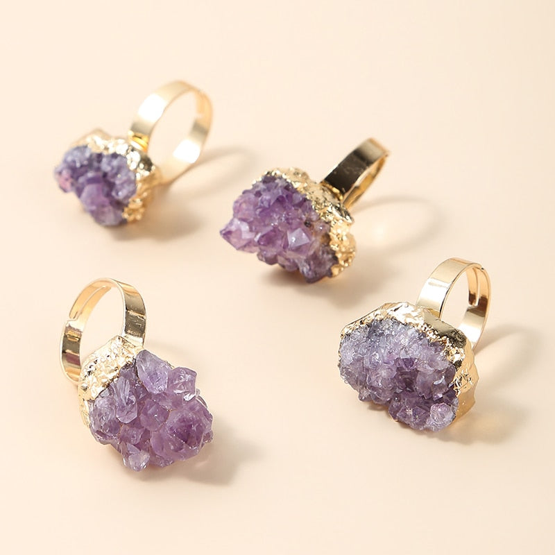 Change Better Irregular Natural Amethyst Cluster Rough Stone Gold Plating Open Rings Women Reiki Healing Adjustable Party Gifts