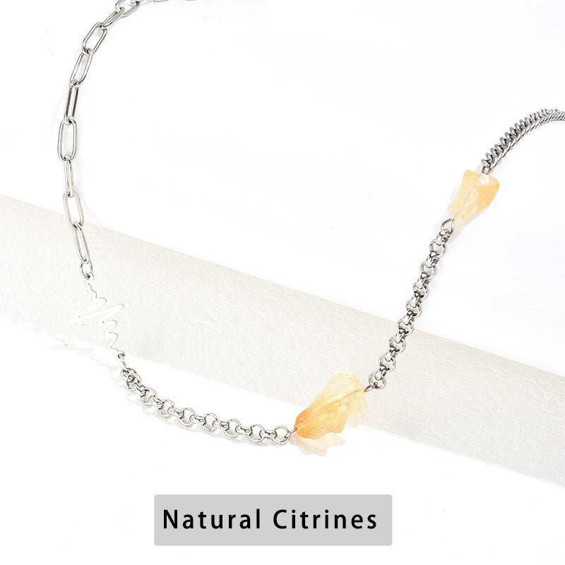 Change Better Natural Citrine Raw Stone Chain Necklace Women Fashion Cyrstal Bead Silver Color Stainless Steel Healing Choker