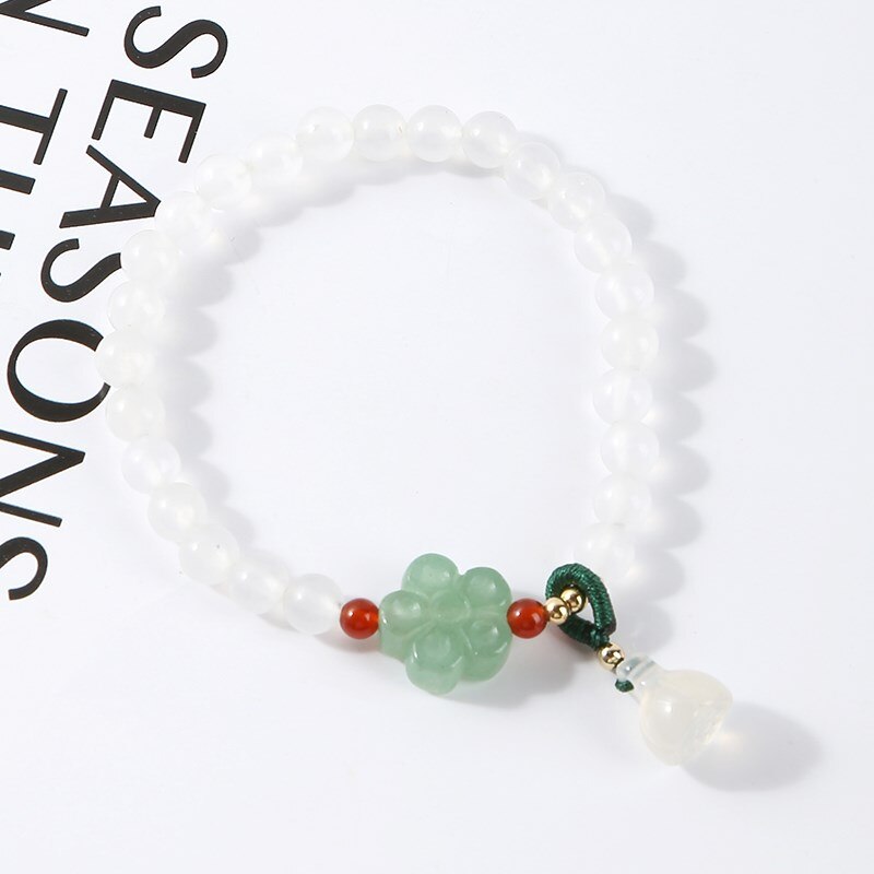 JD Natural White Jade Lotus Bracelet For Women Elegant Trendy Handmade Rope Round Beads Bangles Girls Lucky Charm Wristhand Gift