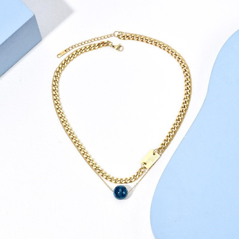 CHANGE BETTER Simple Natural Agate Bead Pendant Necklace For Women Hip Hop Gold Color Stainless Steel Double Chain Choker