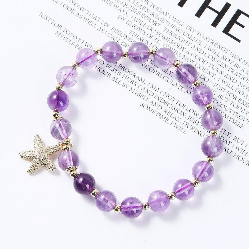JD Natural Amethysts Starfish Bracelet Women Girls Charm Stone Beads Crystal Healing Puprle Jewelry Handmade Bangles For Gift