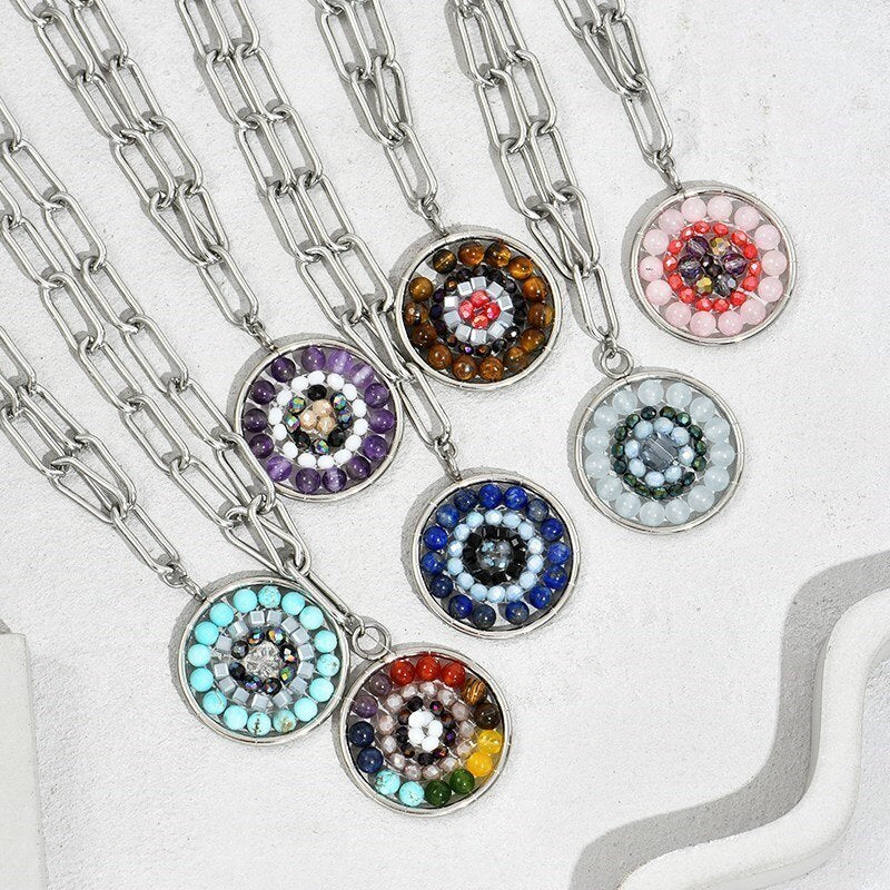 Change Better Natural Stone Rose Quartz Mandala Pendant Necklace Women Bohe Silver Color Titanium Steel Chain Choker Jewelry