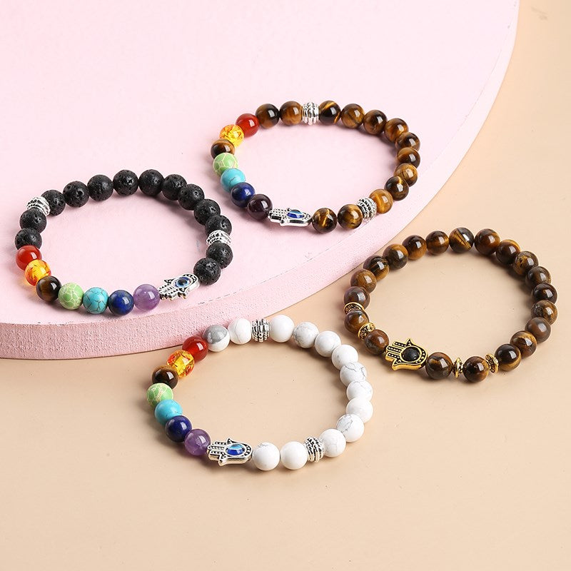 JD Natural Black Lava Stone 7 Chakra Beads Yoga Bracelet Men Women Prayer Fatima Hamsa Hand Charm Tiger Eye Bangles Lucky Gifts