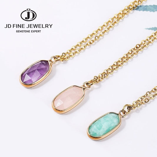 JD Natural Stone Pink Quartz Tiny Pendant Necklace Faceted Oval Shape Amethysts Stainless Steel Charm Healing Choker Girls Gift