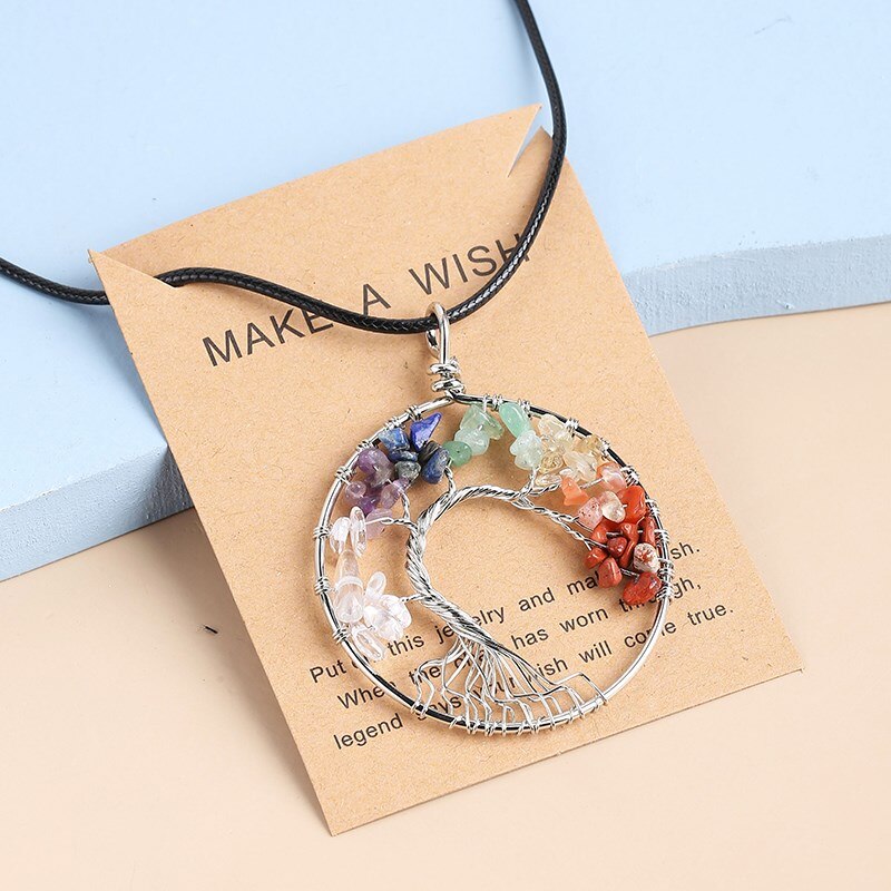 JD Natural Quartz Stone Tree of Life Pendulum Pendant Necklace Women Multicolor Seven Chakras Rope Crystal Reiki Healing Jewelry