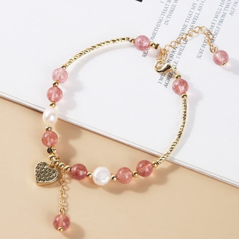 JD Natural Strawberry Quartz Crystal Beaded Bracelets Women Fashion Love Heart Gold Color Stainless Steel Crystal Bangles Gifts