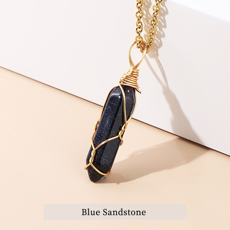 JD 13 Colors Hexagonal Cylindrical Crystal Necklace Natural Stone Pendant Wire Wrap Stone Necklace for Women Men Fashion Jewelry