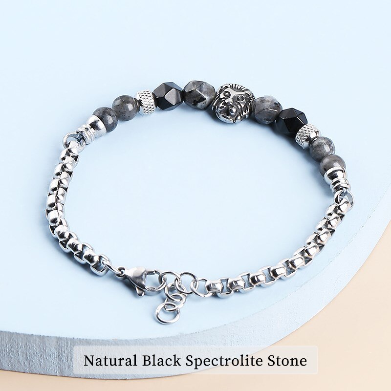 CHANGE BETTER Lion Head Charm Stainless Steel Bracelets Faceted Natural Tiger Eyes Stone Men Punk Style Wristband Pulseira