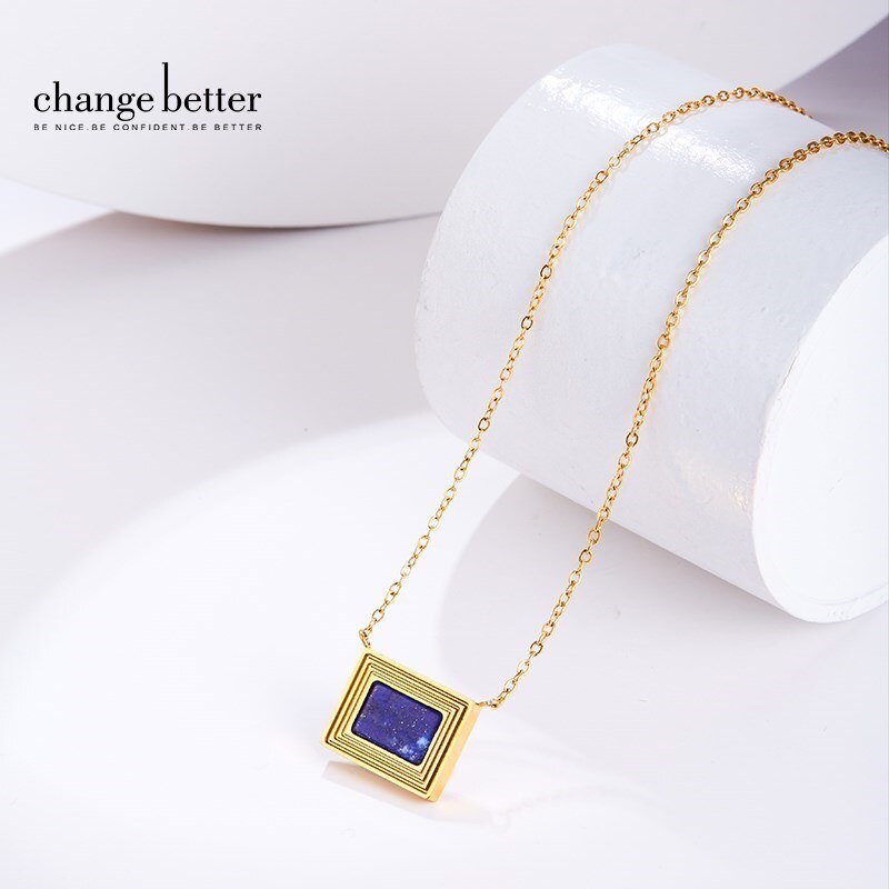 Change Better Gold Color Stainless Steel Square Geometric Pendant Necklace Women Elegant Natural Lapis Lazuli Inlay Jewelry Gift