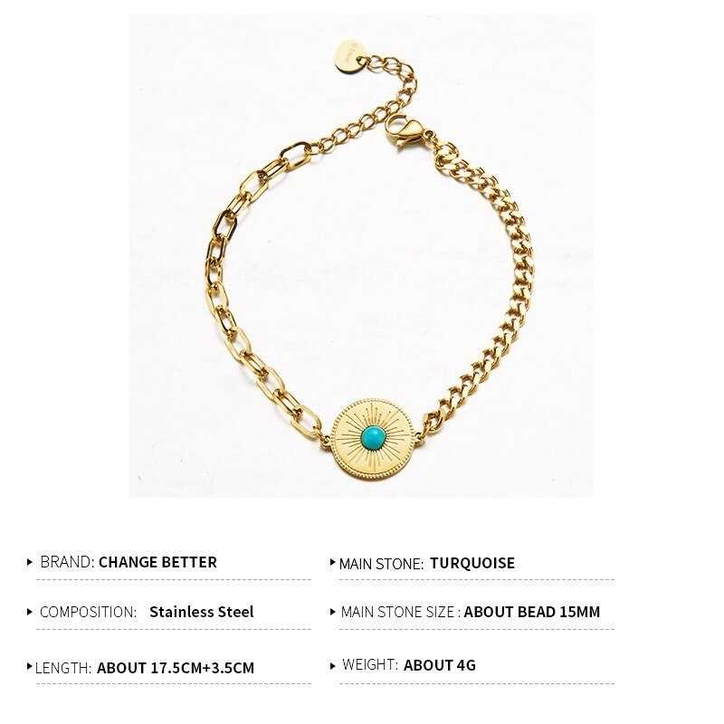 CHANGE BETTER Natural Blue Turquoise Inlay Stainless Steel Bracelets Women Fashion Gold Color Chain Thin Wristband Jewelry Gifts