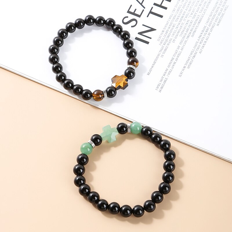 Change Better 8MM Natural Tiger Eye Faceted Stone Cross Bracelets Onyx Meditation Prayer Beaded Bracelet Women Men Yoga Wrist