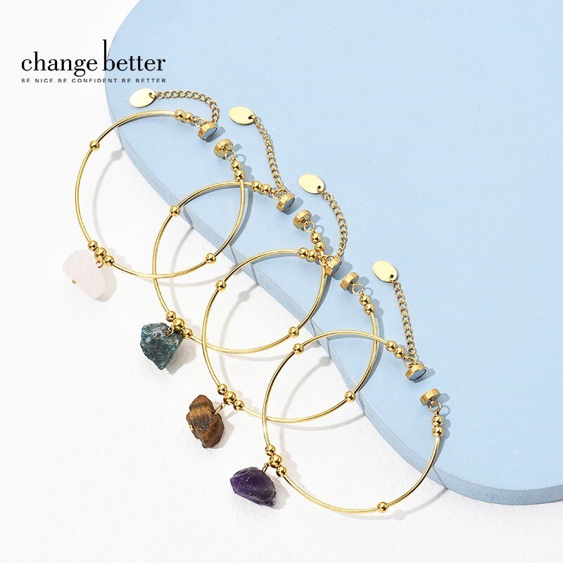 Change Better Natural Raw Stone Pendant Circle Bracelets Women Gold Plated Titanium Steel Charms Bangle Healing Jewelry Gifts