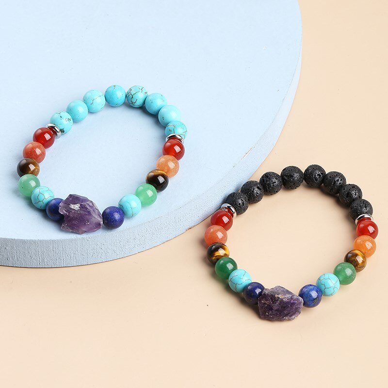 JD Amethyst Rough 7 Chakra Natural Beads Stone Reiki Healing Bracelet Man Women Lava Turquoise Combined Bangles Yoga Jewelry
