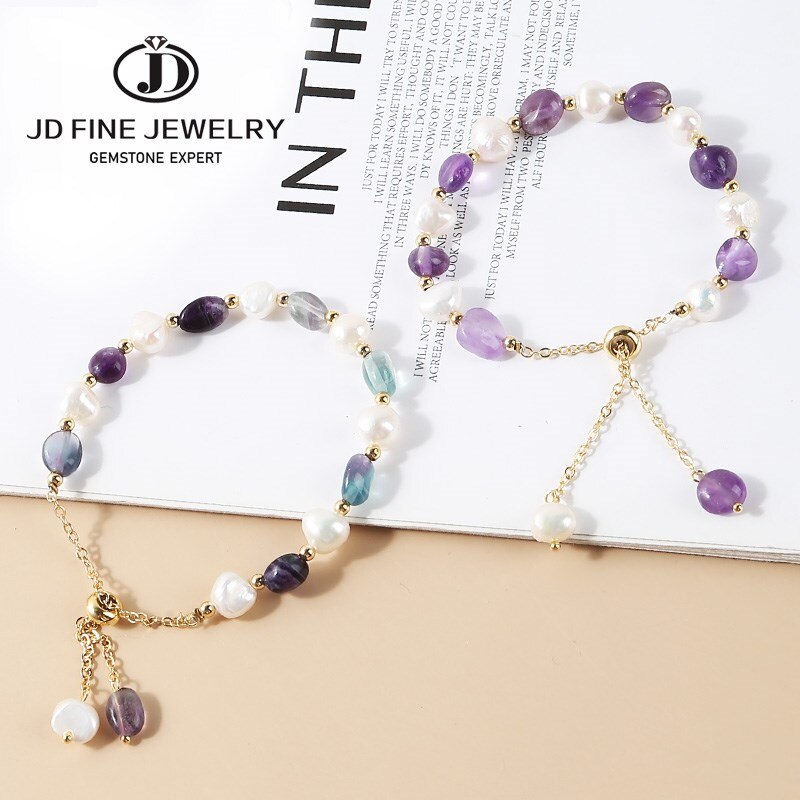 JD Irregular Natural Amethysts Pearl Pendant Bracelet Women Sweet Green Aventurine Gold Color Adjustable Charm Bangles Jewelry