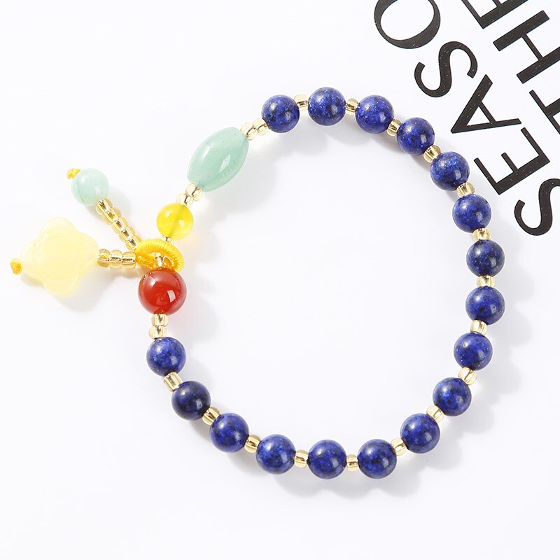 JD Natural Lapis Lazuli Amber Beaded Bracelet For Women Trendy Four-Leaf Clover Pendant Stone Tassel Bangles Girl Summer Jewelry