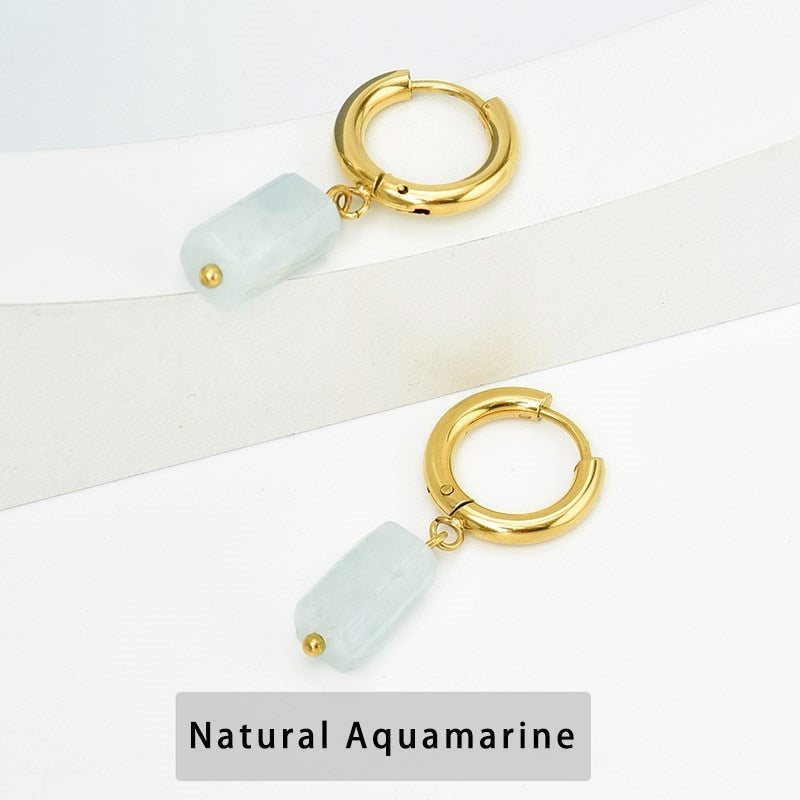 Change Better Natural Aquamarine Cylinder Shape Drop Earrings Women Amethyst Stainless Steel Round Buckle Ear Studs Female Gifts