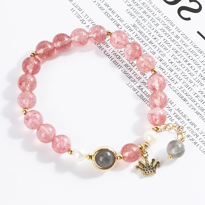 JD Natural Strawberry Quartz Moonstone Crystal Beaded Bracelets Women Lucky Healing Crown Charms Elastic Bangles Wristband Gift