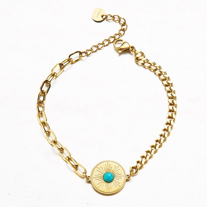 CHANGE BETTER Natural Blue Turquoise Inlay Stainless Steel Bracelets Women Fashion Gold Color Chain Thin Wristband Jewelry Gifts