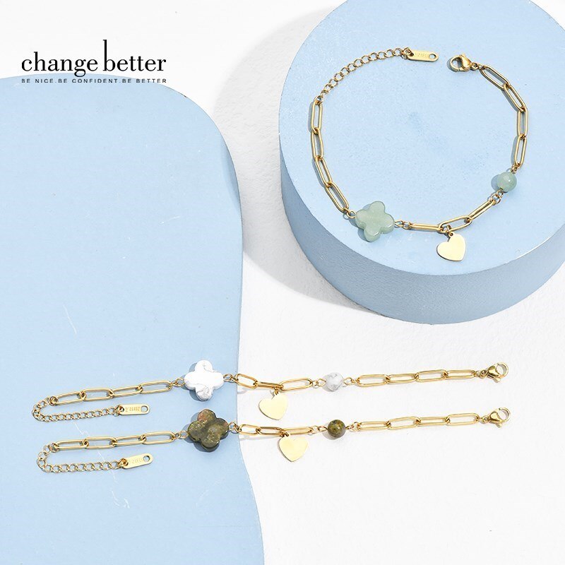 CHANGE BETTER Natural Stone Lucky Four-Leaf Clover Chain Bracelet Women Green Aventurine Turquoises Gems Titanium steel Bangles