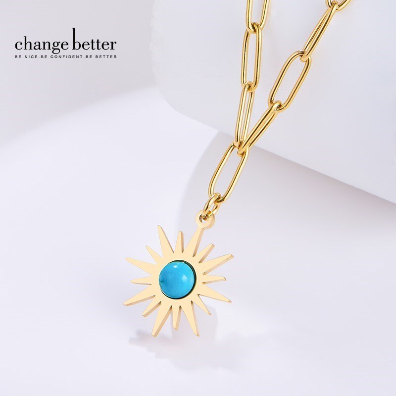 CHANGE BETTER Natural Green Turquoise Inlay Sun Flower Shape Pendant Necklace Women Gold Color Chain Choker Elegant Jewelry Gift