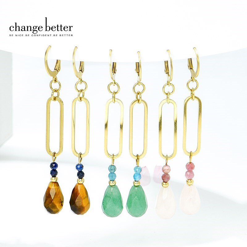 Change Better Natural Tiger Eye Faceted Water Drop Earring Women Gold Color Stainless Steel Dangle Ear Stud For Party Gifts