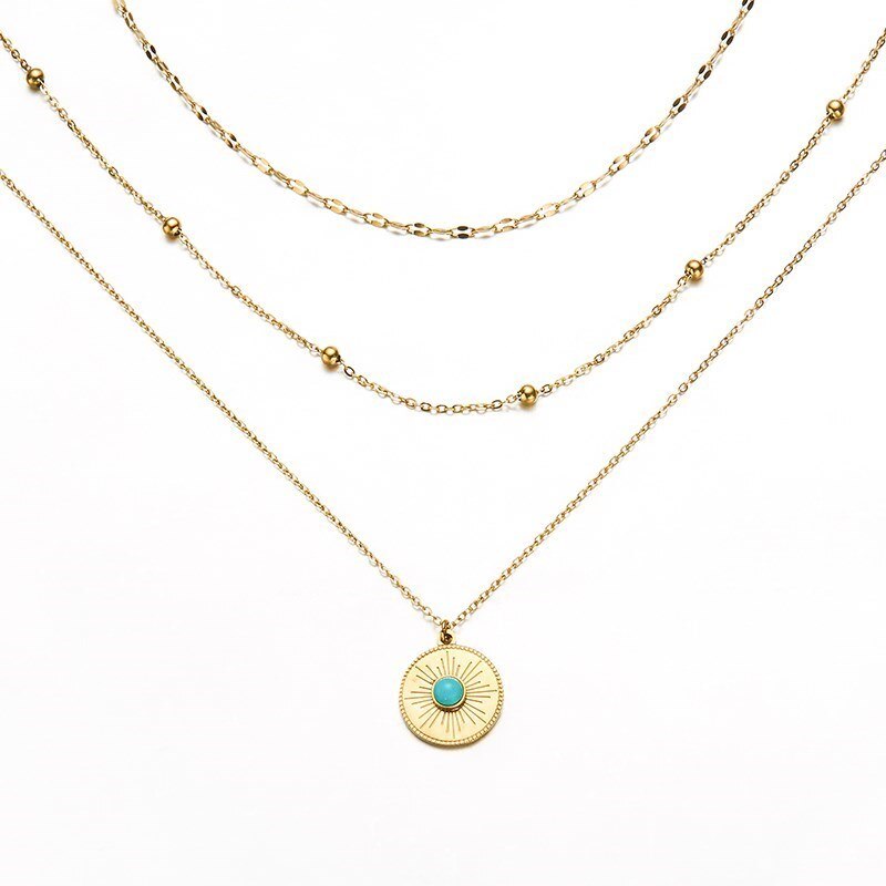 CHANGE BETTER Natural Blue Turquoise Round Pendant Necklace Women Double Layer Gold Color Stainless Steel Chain Choker For Girls