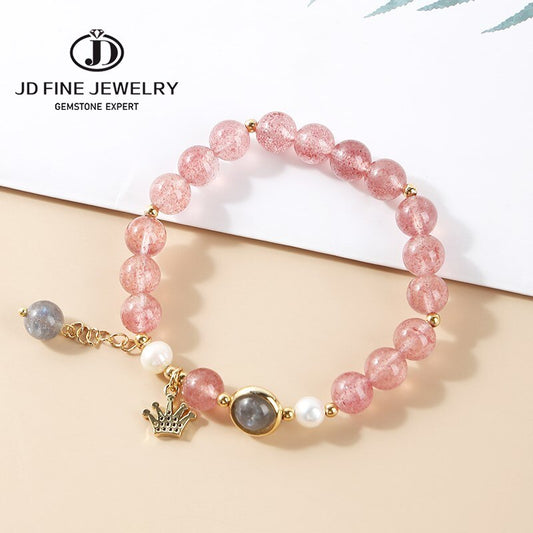 JD Natural Strawberry Quartz Moonstone Crystal Beaded Bracelets Women Lucky Healing Crown Charms Elastic Bangles Wristband Gift