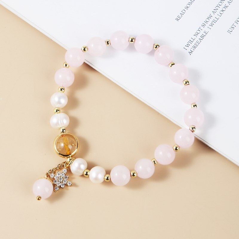 JD Natural Pink Quartz Pearl Lucky Beads Bracelet Women Sweet Luxury Zircon Pendant Bracelets Girlfriend Summer Jewelry Gifts