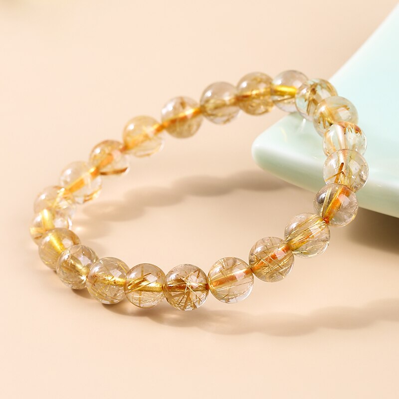 JD Natural Ice Gold Color Rutilated Quartz Bead Bracelet Women Fashion Reiki Healing Crystal Clear Bead Strand Bangles Gifts