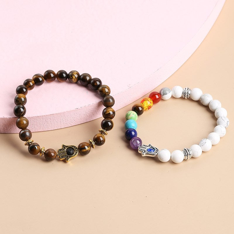 JD Natural Black Lava Stone 7 Chakra Beads Yoga Bracelet Men Women Prayer Fatima Hamsa Hand Charm Tiger Eye Bangles Lucky Gifts