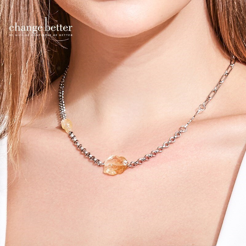 Change Better Natural Citrine Raw Stone Chain Necklace Women Fashion Cyrstal Bead Silver Color Stainless Steel Healing Choker