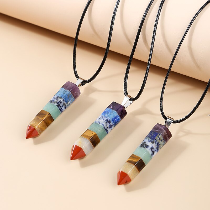 JD Natural Crystal Pendant Colourful Necklace Hexagonal Pendulum Seven Chakras Mineral Jewelry Healing Stone Souvenir Gift