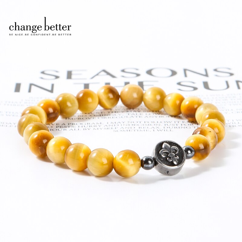 Change Better Natural Stone Golden Tiger Eye Beaded Bracelets Men Women Charm Anchor Yoga Energy Healing Wristband Jewelry Gift