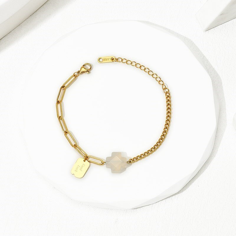 Change Better Natural Faceted Yellow Tiger Eye Cross Stone Metal Pendant Bracelet Women Gold Color Stainless Steel Chain Bangles