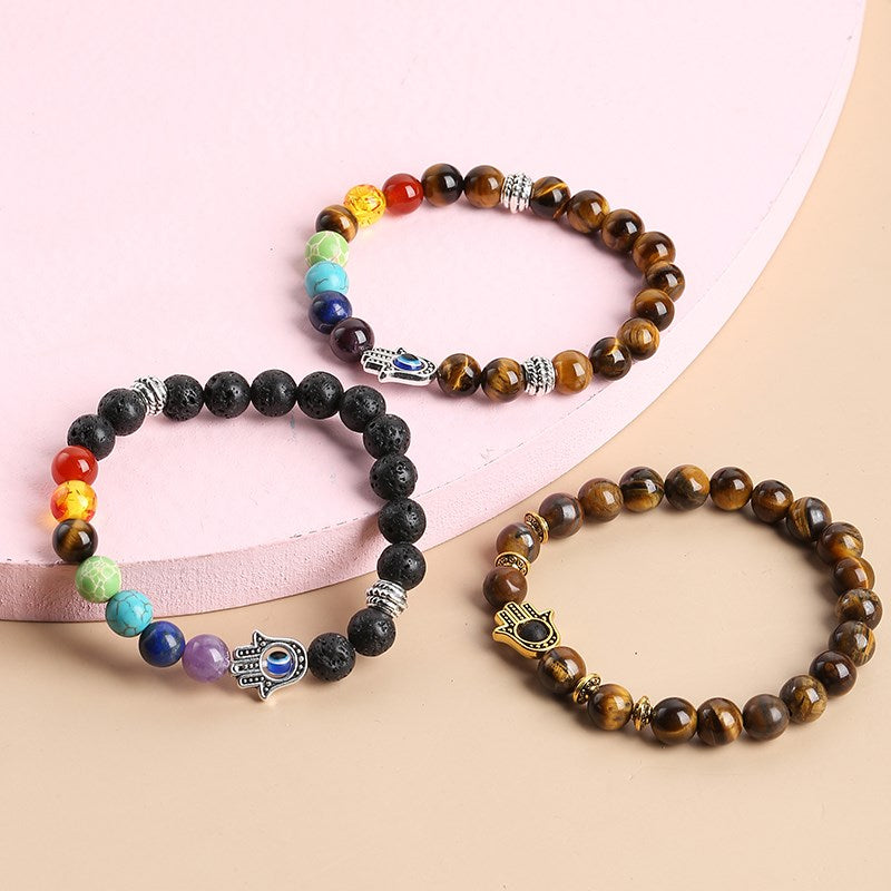 JD Natural Black Lava Stone 7 Chakra Beads Yoga Bracelet Men Women Prayer Fatima Hamsa Hand Charm Tiger Eye Bangles Lucky Gifts